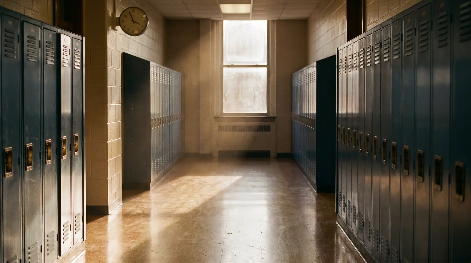 A quiet high-school corridor before first bell — lockers, wall clock, morning light.