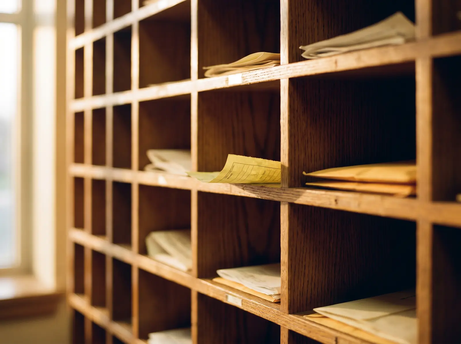 Oak teacher mailboxes in morning light, folded memos in a few slots.